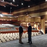 Roland E. Powell Convention Center Director Larry Noccolino and Mayor Rick Meehan are pictured on the stage of the new Performing Arts Center this week. Photo by Joanne Shriner